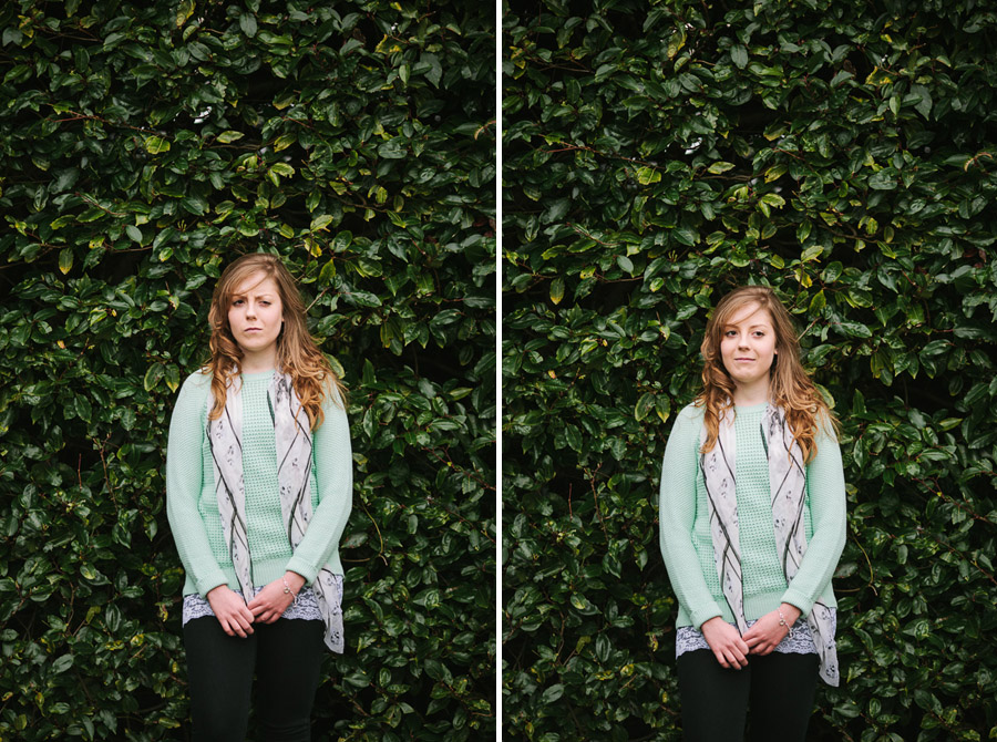 Sarah next to a green hedge in Brooklawn