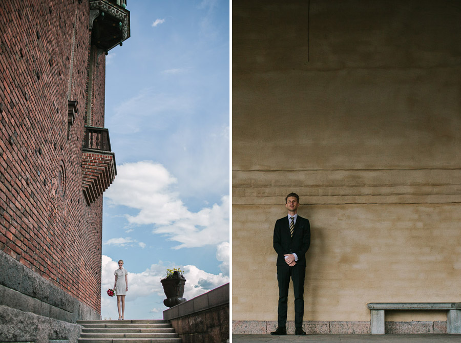 Bröllopsfoto Stadshuset Bruden utanför Stadshuset i Stockholm Bröllopsfotograf i Stockholm