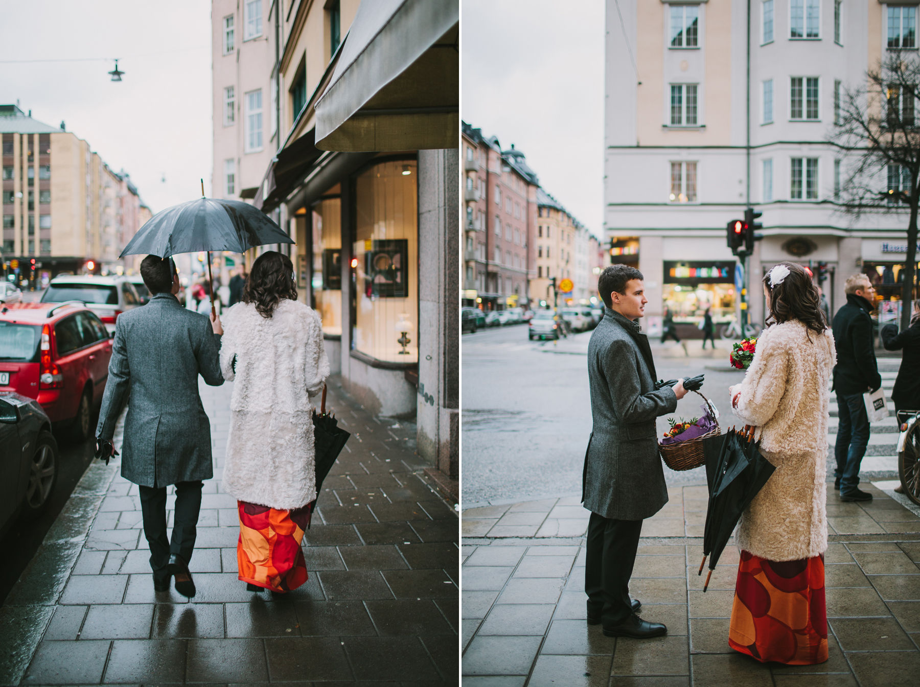 Brudpar spatserar genom Vasastan i Stockholm