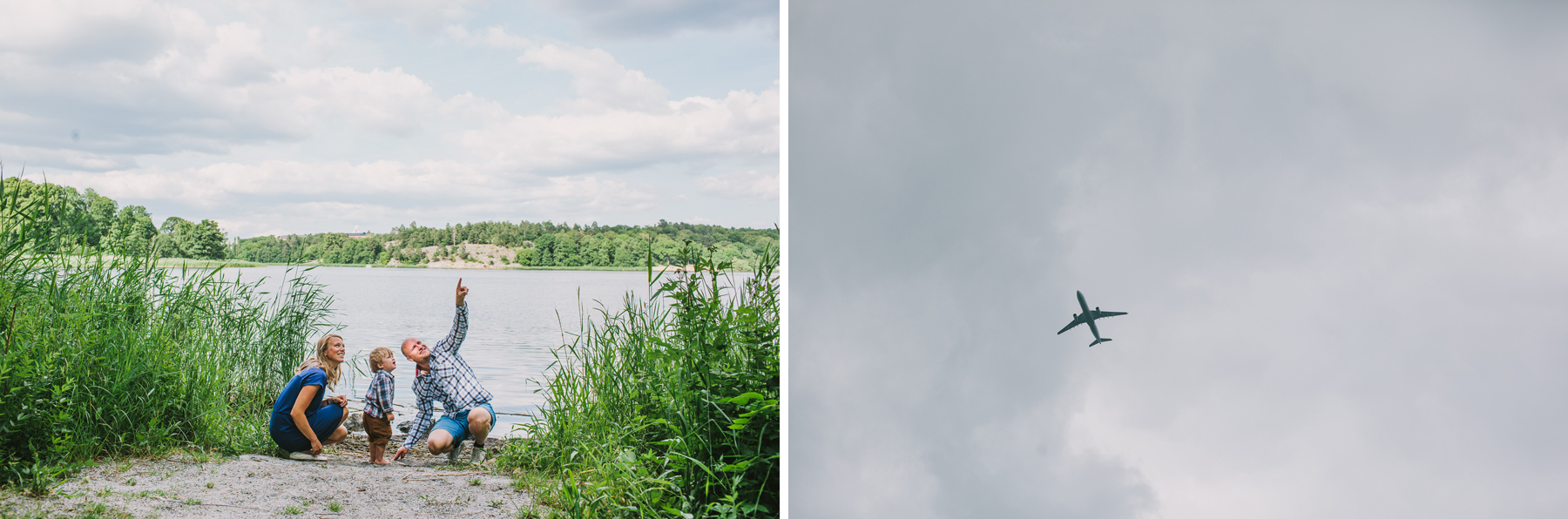 Grabben ser ett flygplan flyga förbi